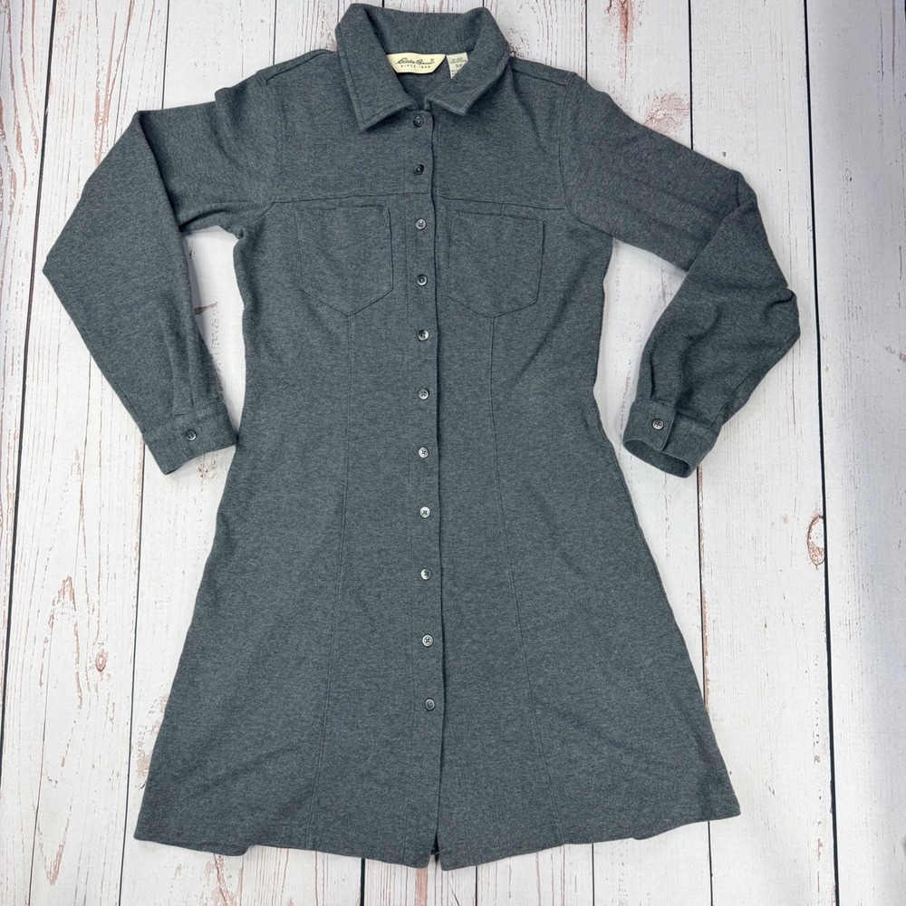 Eddie Bauer Gray Cotton Knit Button Front Shirt Dress Long Sleeve Small